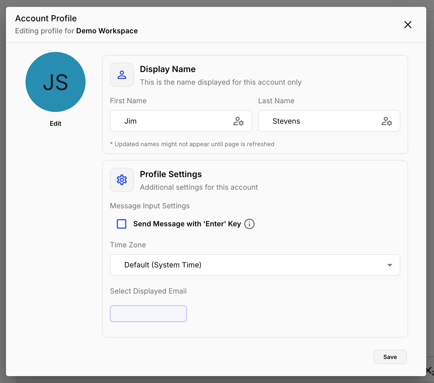 The Account Profile view — display name, avatar, message input settings, time zone, and displayed email