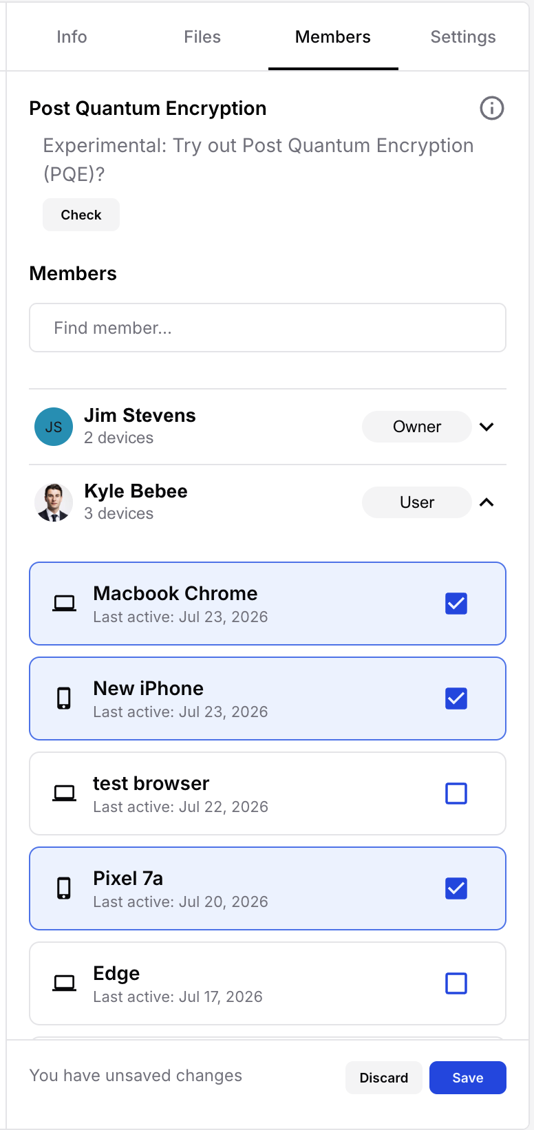 The group Members view — expand a member and select which devices participate, then Save