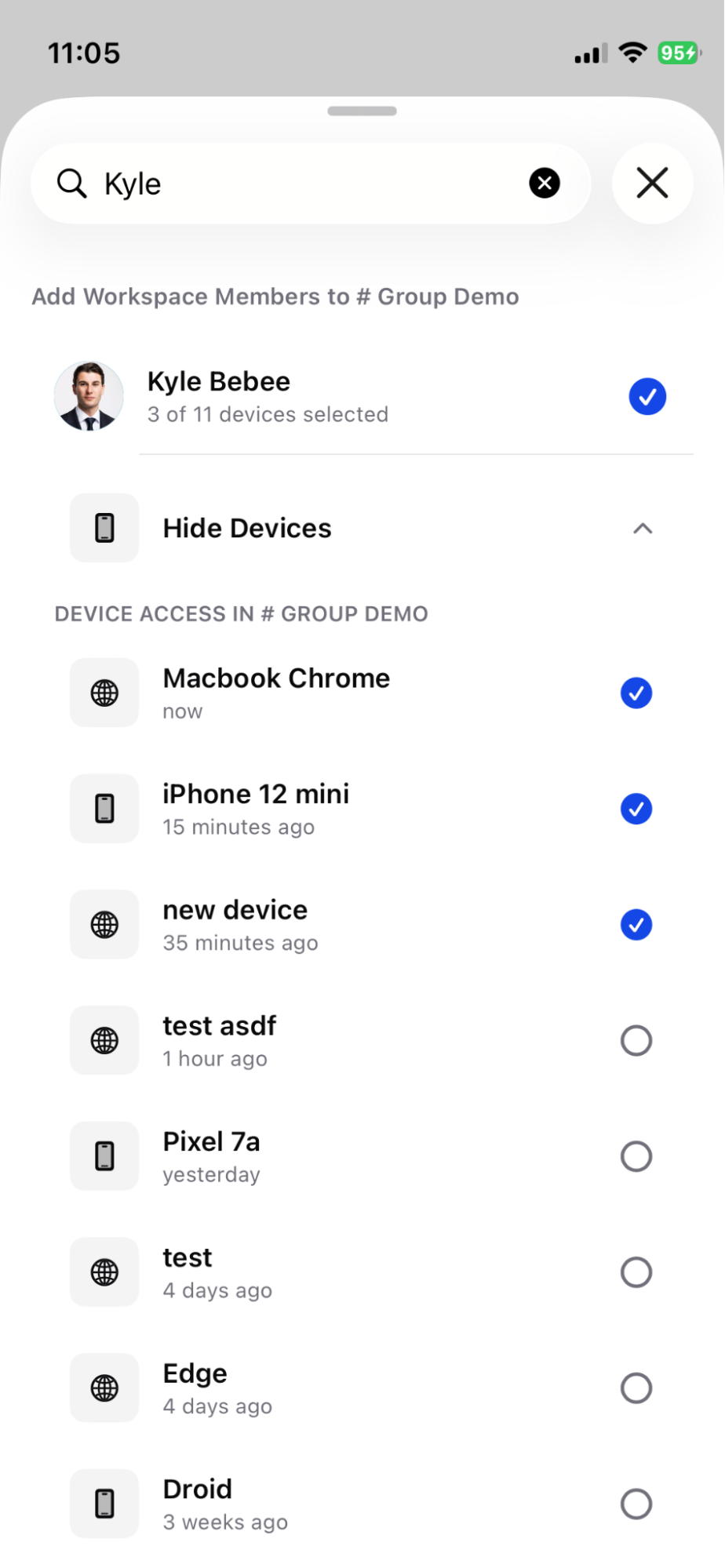 Search for workspace members and select their devices