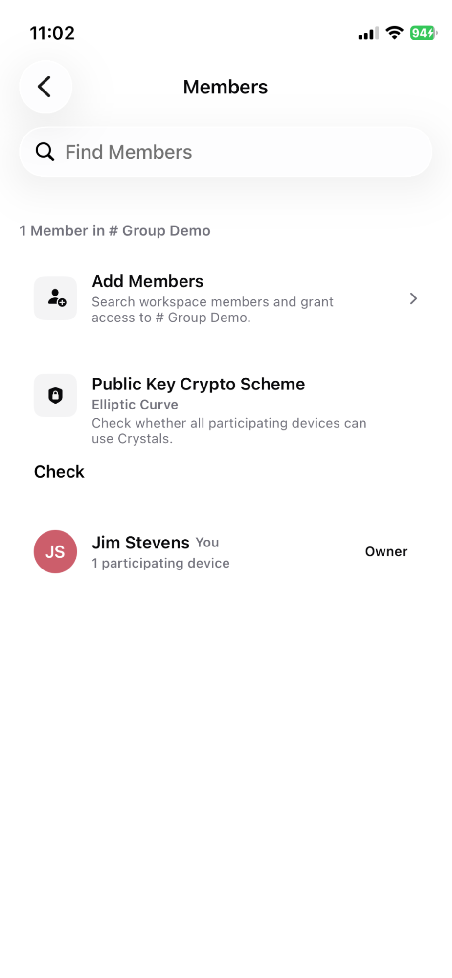 The group members view opens after you create a group