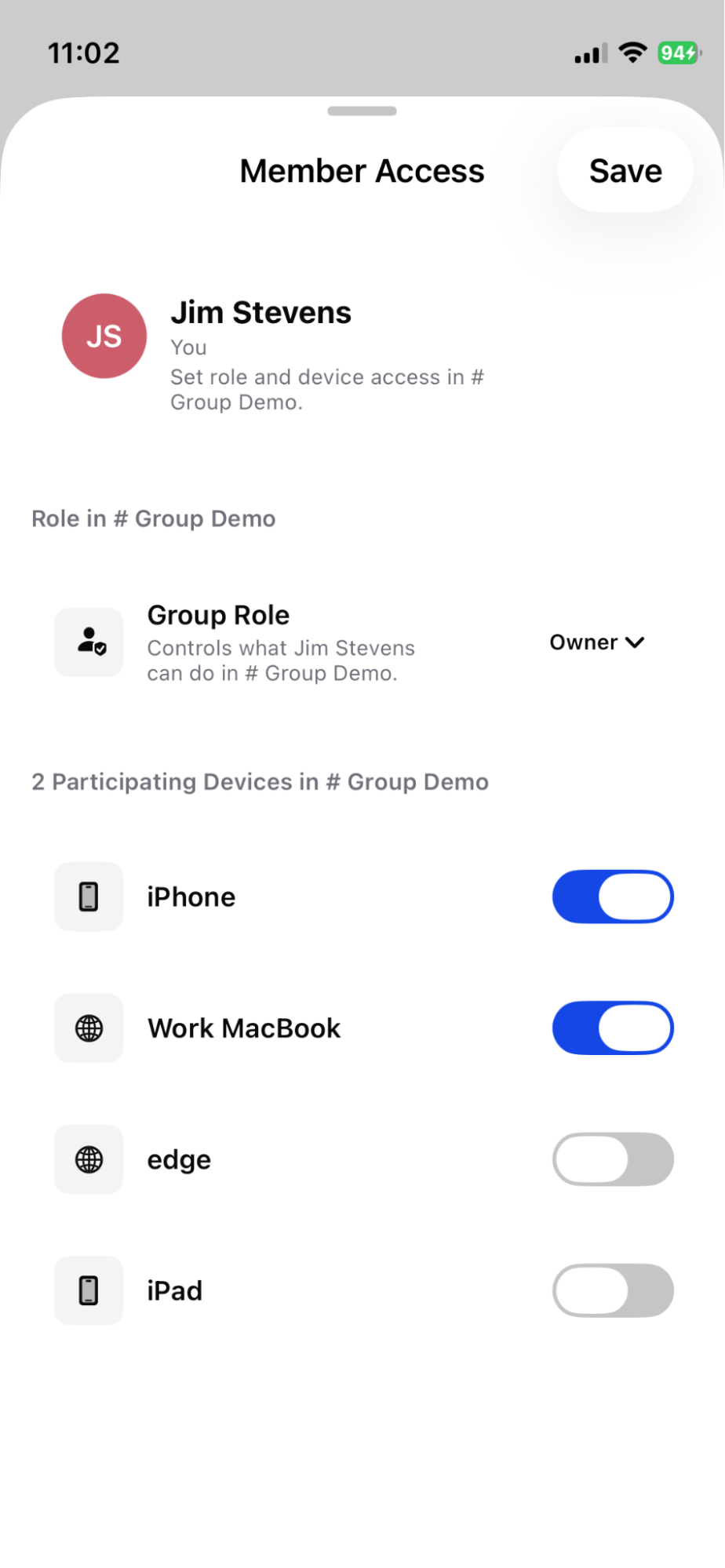 Expand your name to toggle which of your own devices participate
