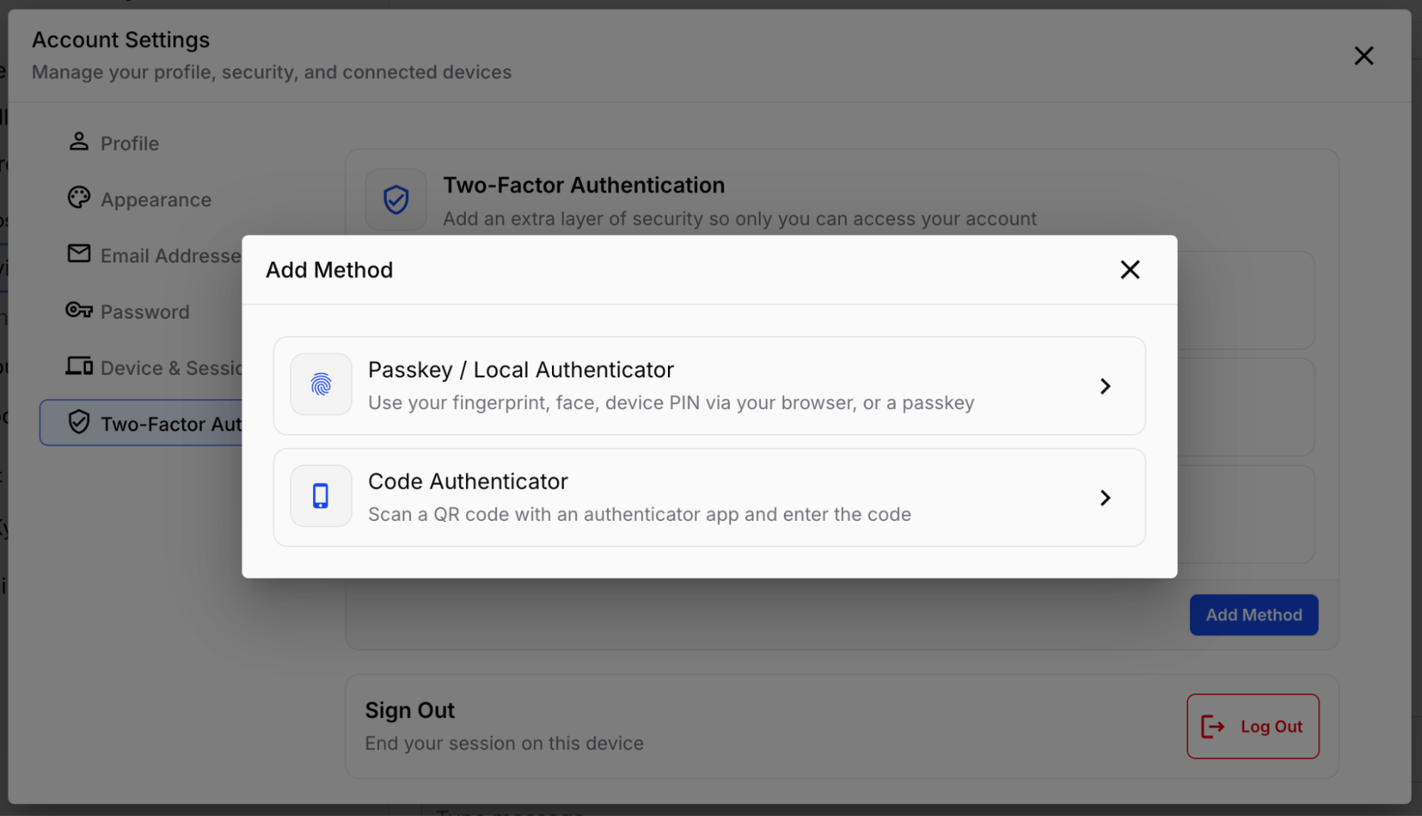 Web — the Add Method dialog for choosing a passkey/local authenticator or code authenticator