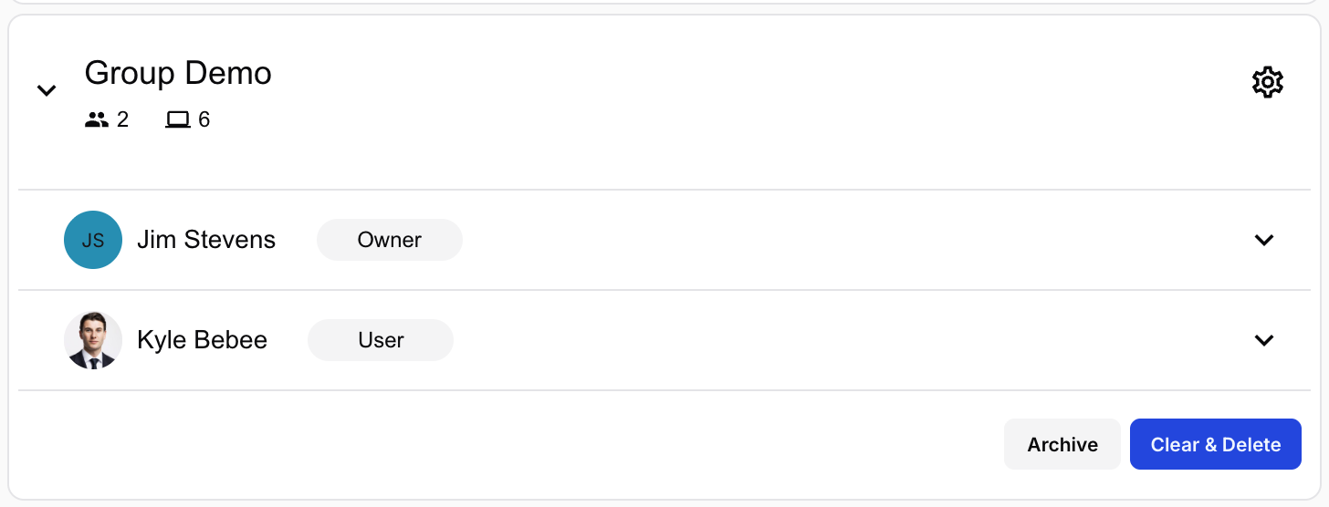 A group's admin view showing the Archive and Clear &amp; Delete actions