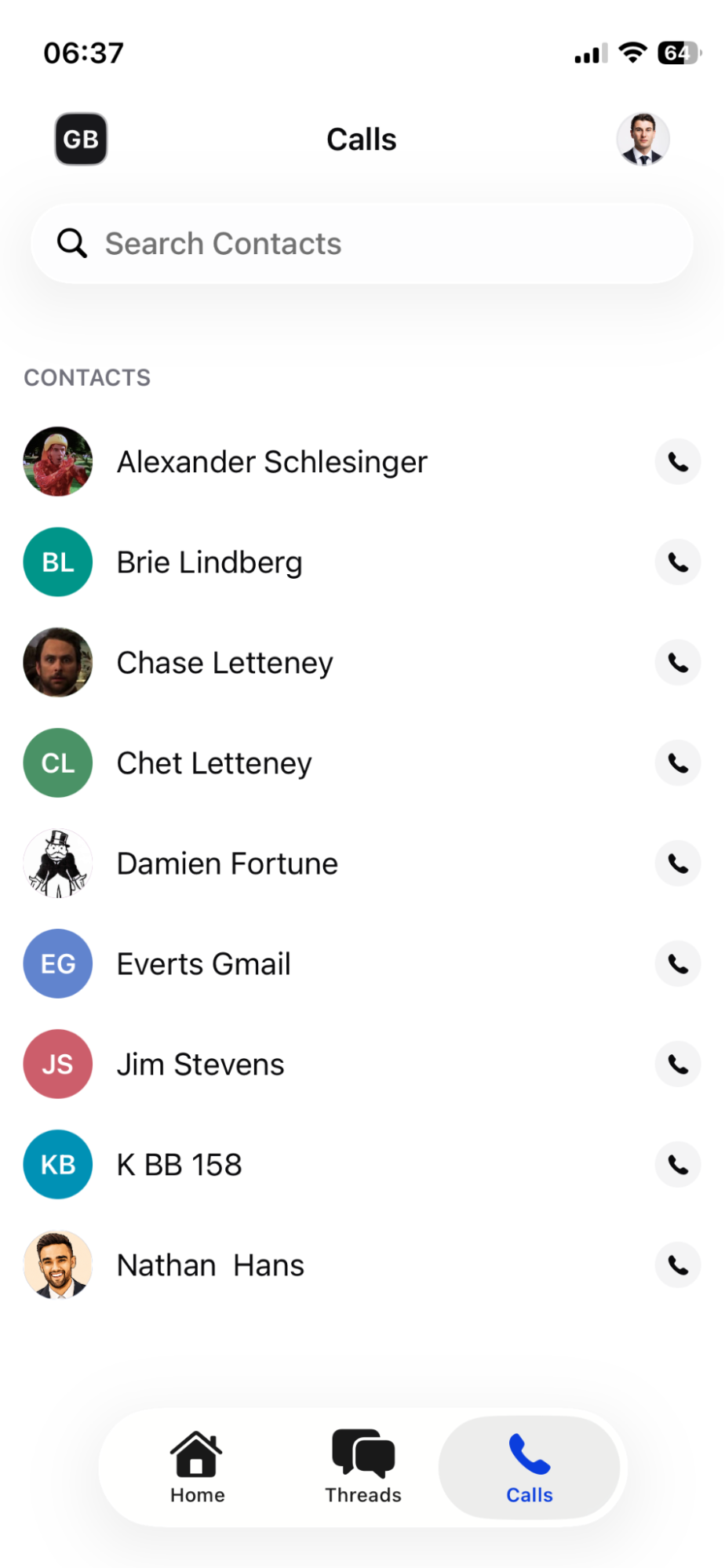 Mobile — the Calls tab with your contacts