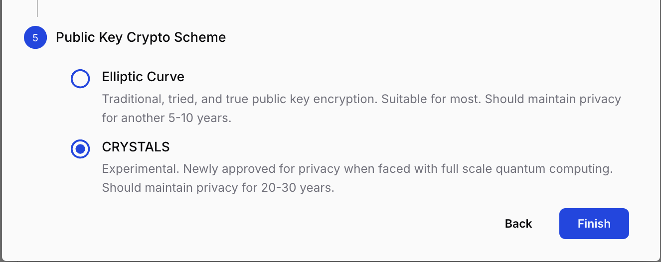Step 5 — choose a public key crypto scheme, then click Finish