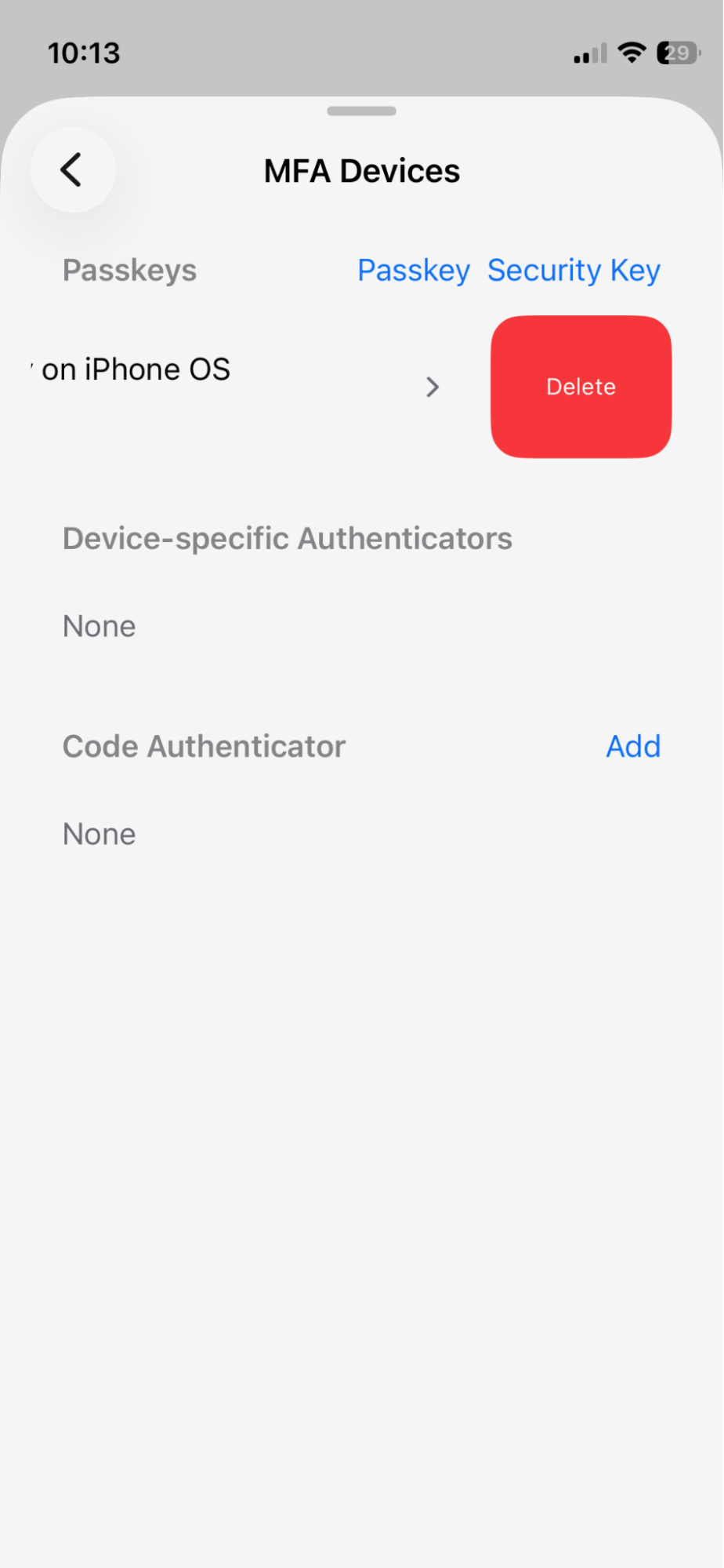 Mobile — swipe left on a device to reveal Delete