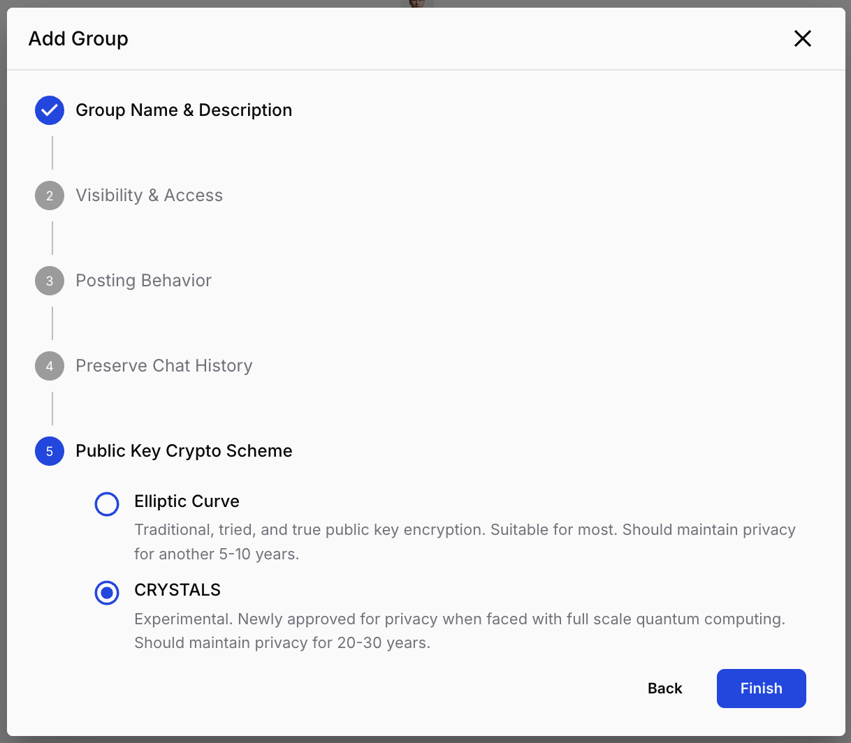 The group creation wizard steps: name, visibility, posting behavior, preserve chat history, and crypto scheme