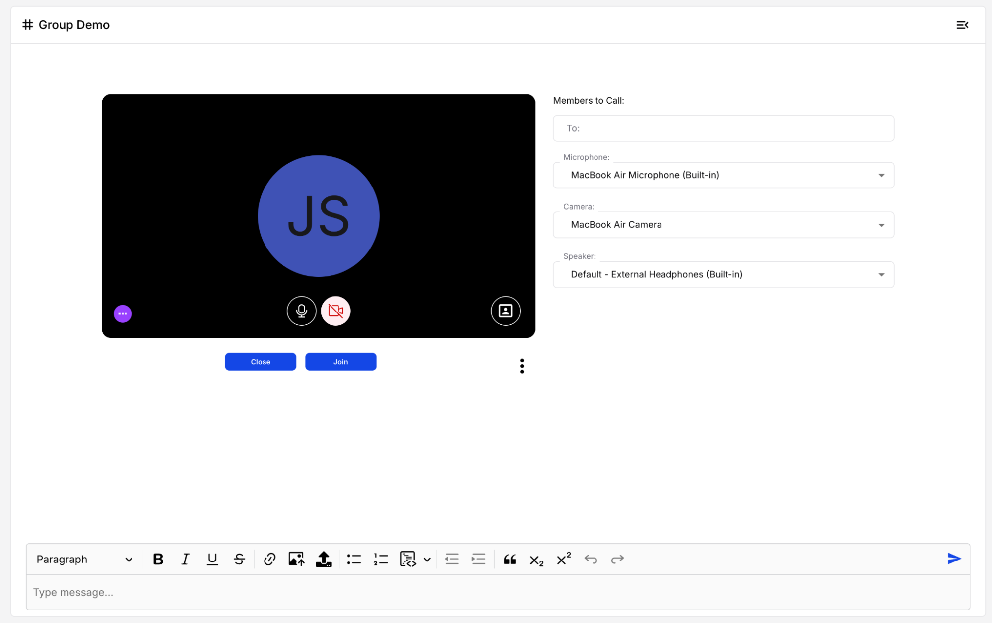 Web — the pre-huddle screen with members to call and device selection