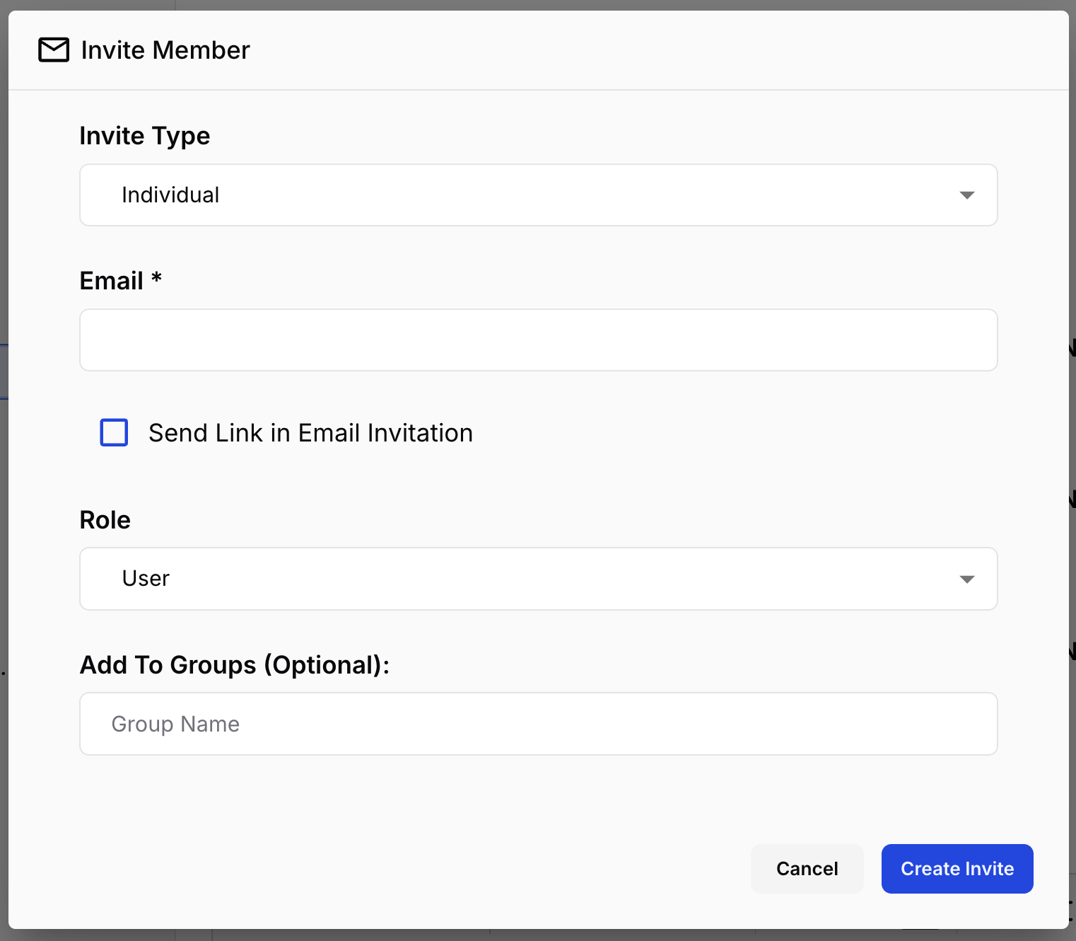 The Invite Member dialog — invite type, email, delivery, role, and groups