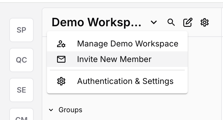 Web — the workspace dropdown with Invite New Member