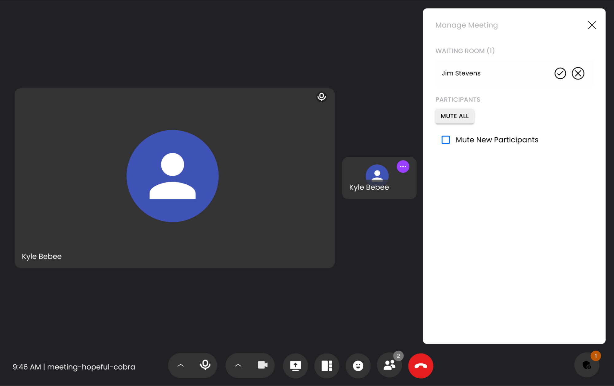 Hosts manage the waiting room, mute all, and mute new participants from the Manage Meeting panel