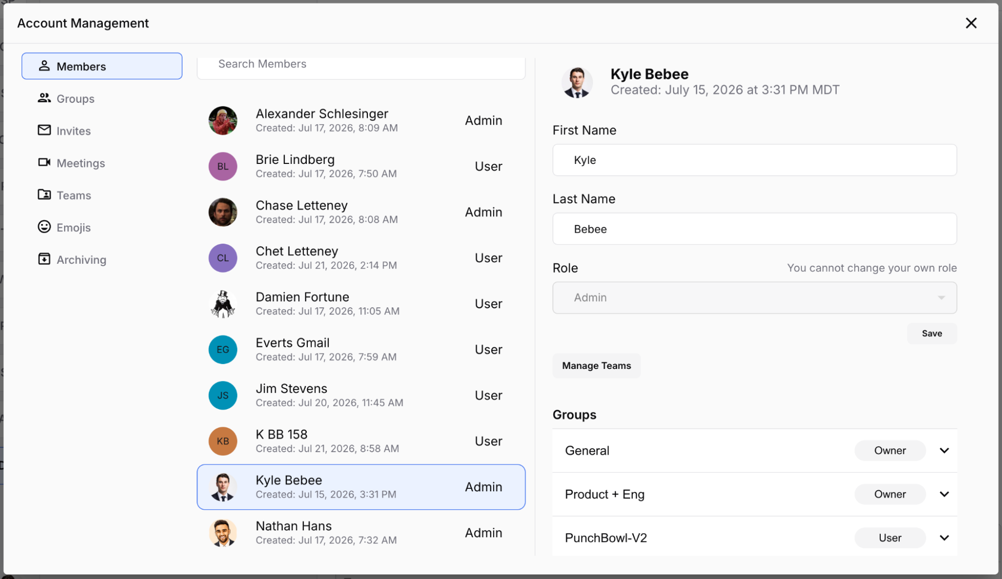 The member admin panel — member list, editable profile, workspace role, and group roles