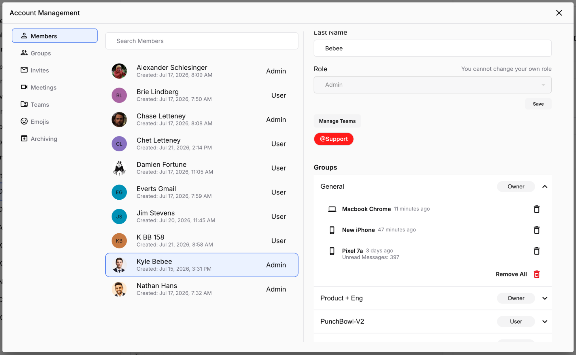 A member's detailed admin view — group participation per device, with Remove All