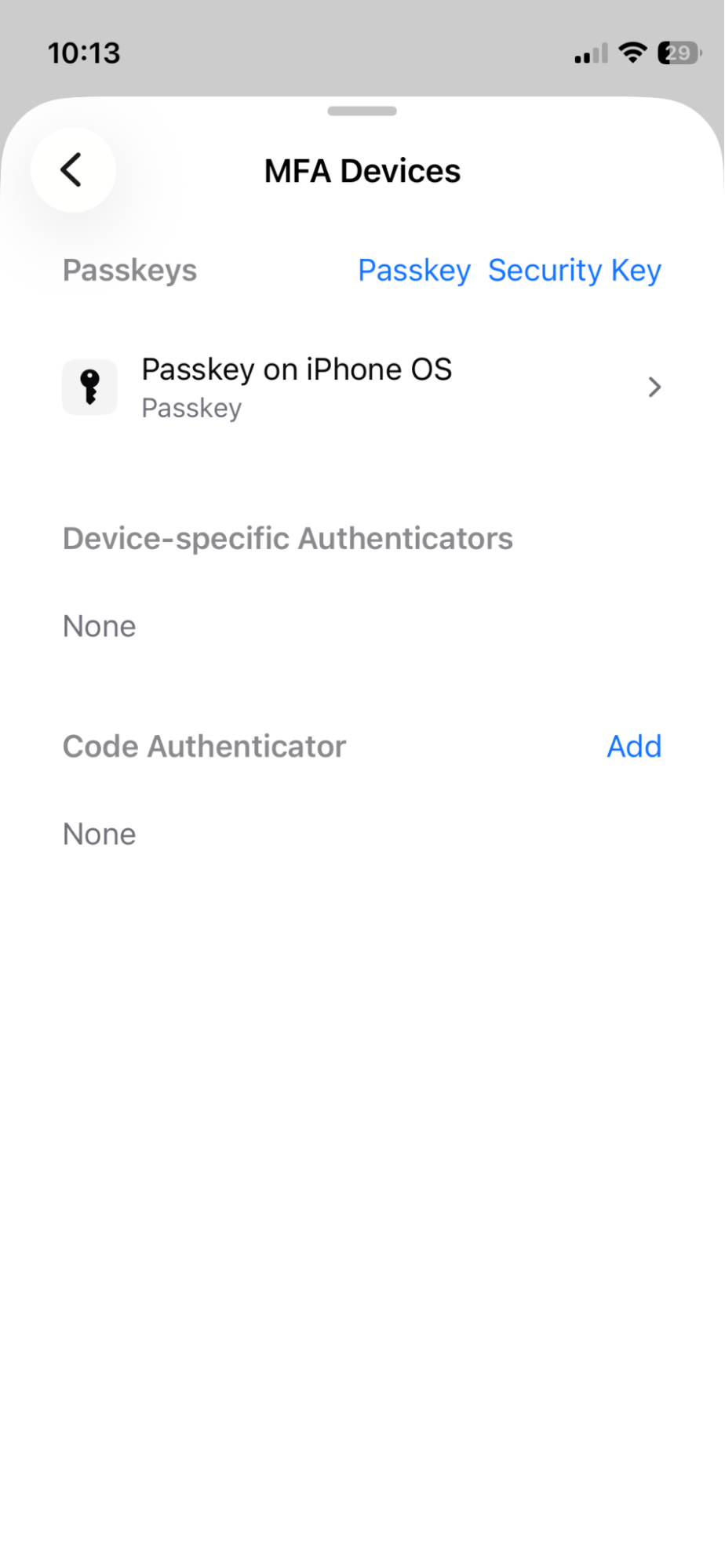 Mobile — the MFA Devices screen