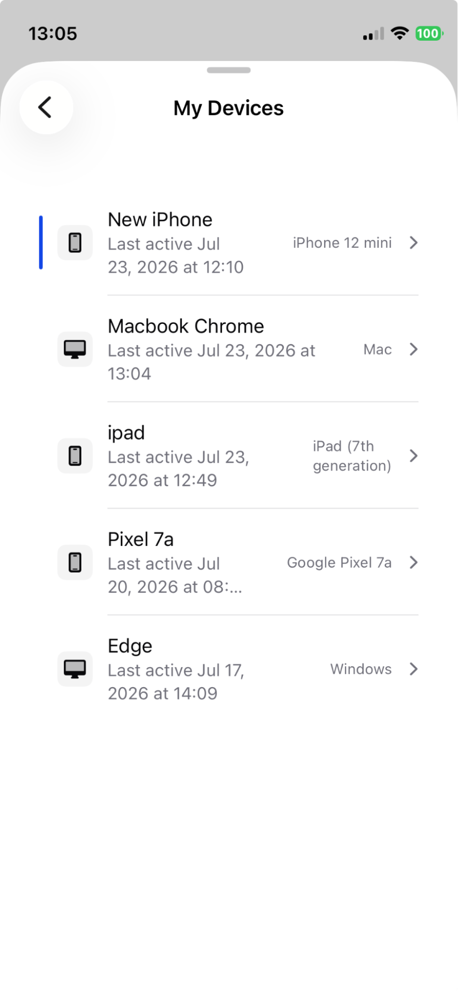 Mobile — the My Devices list