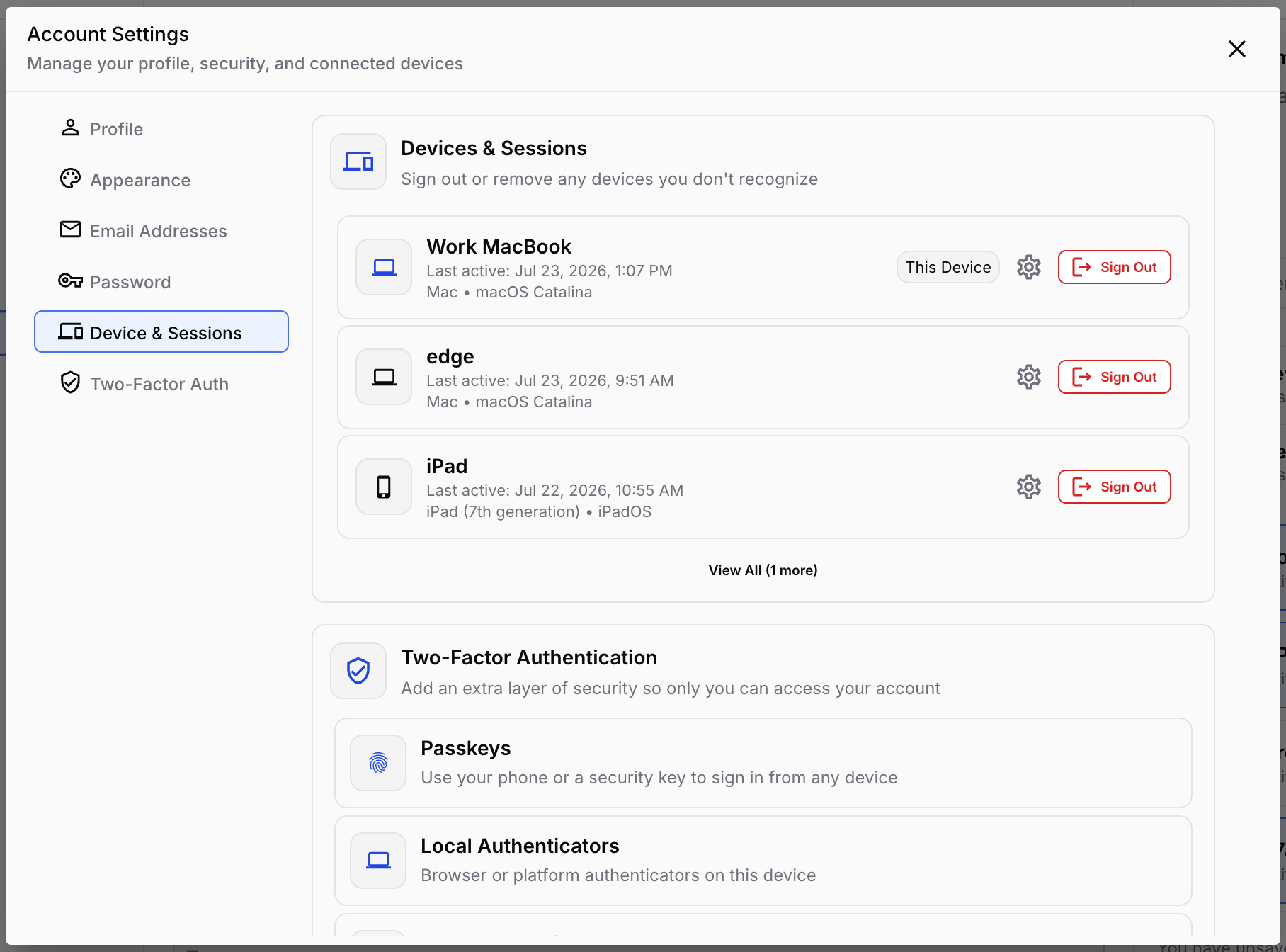 Web — Device &amp; Sessions in Account Settings