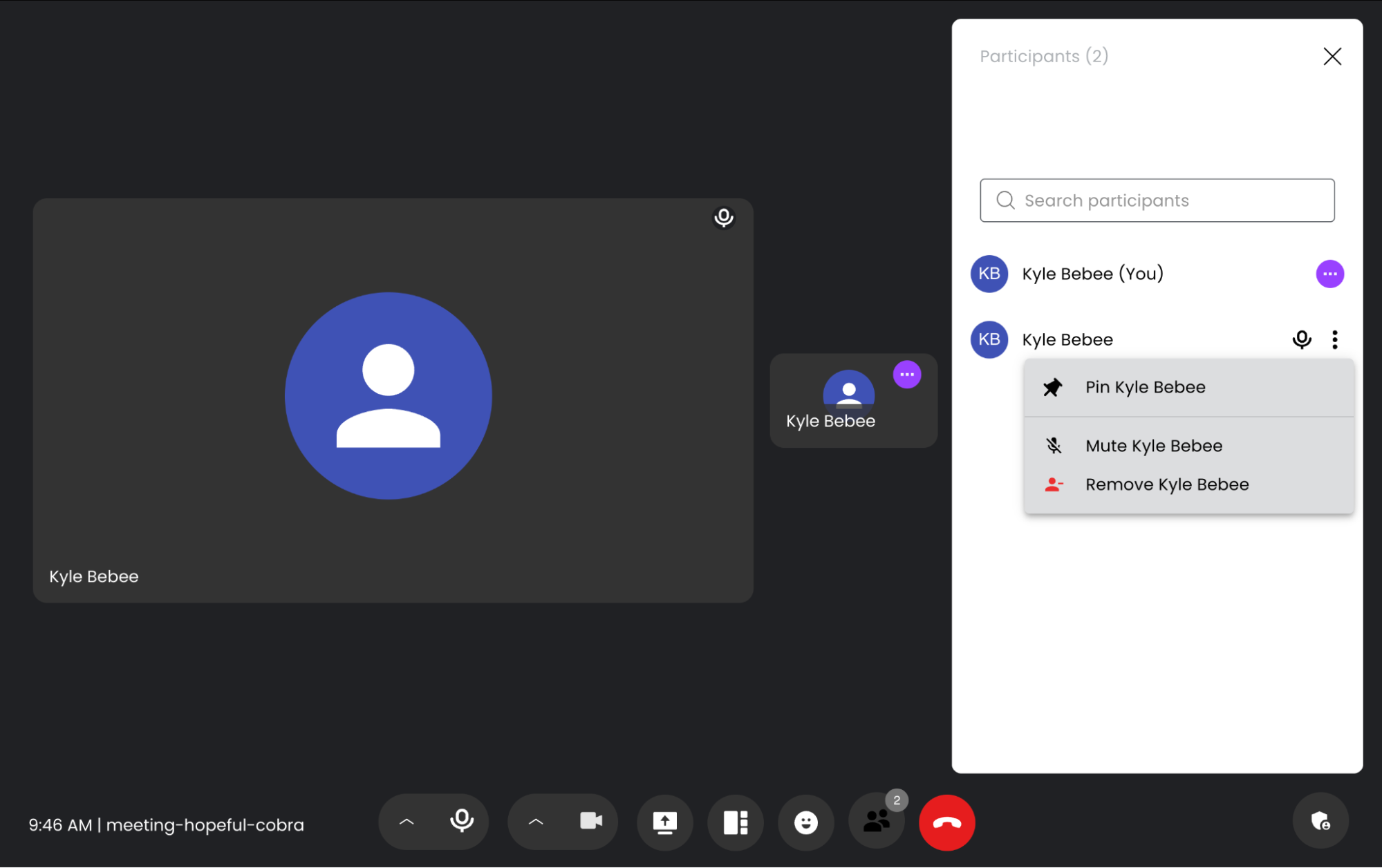 The participant list, where hosts can pin, mute, or remove a participant