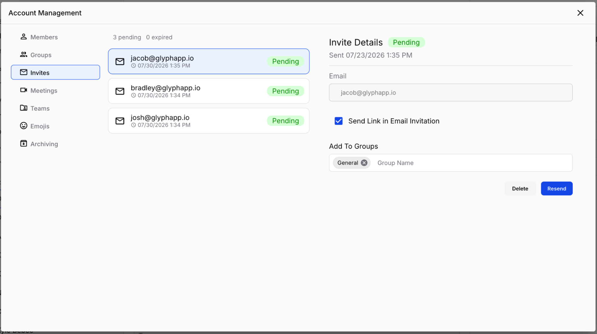 The pending invites view, with per-invite details, Resend, and Delete