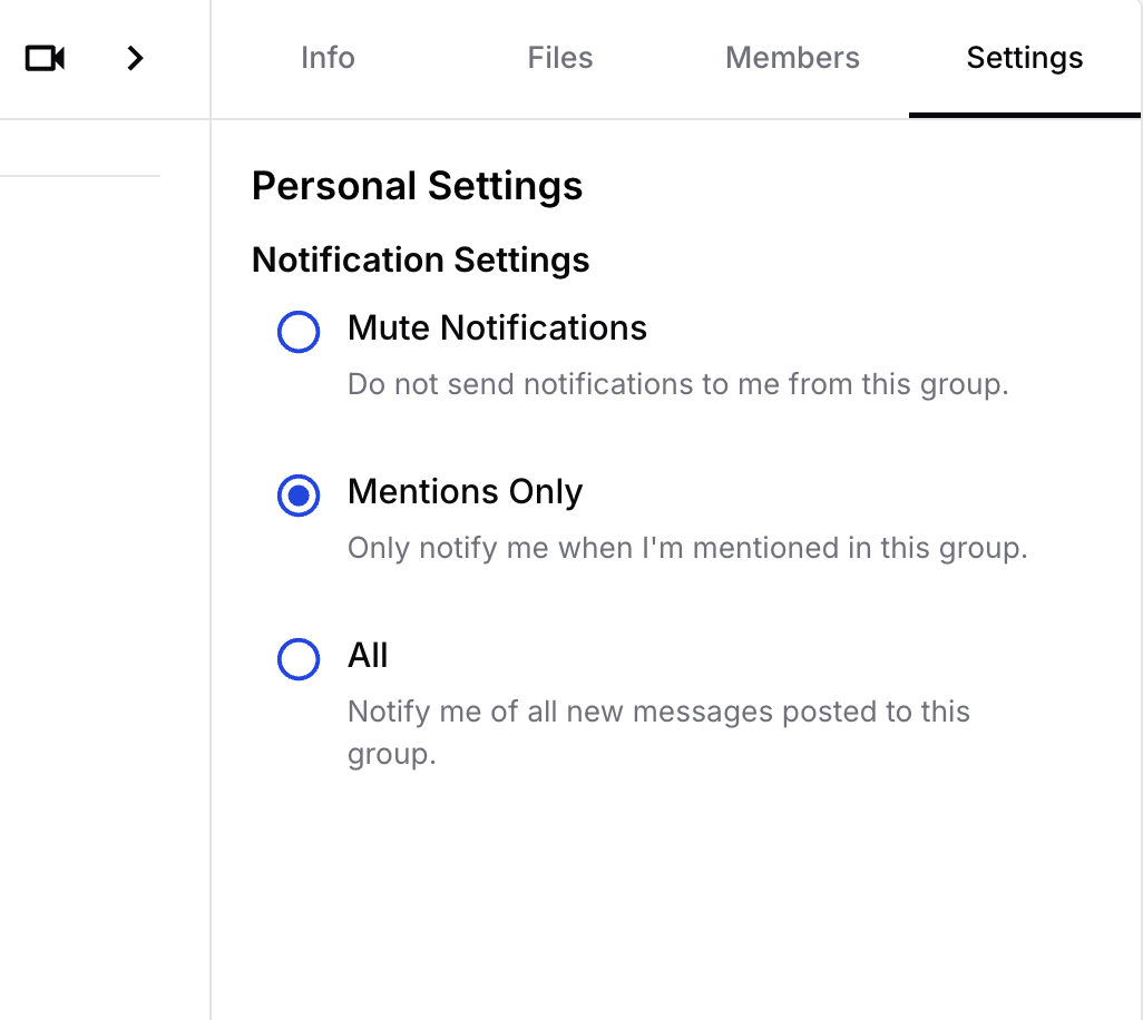 Per-group notification settings — Mute, Mentions Only, or All
