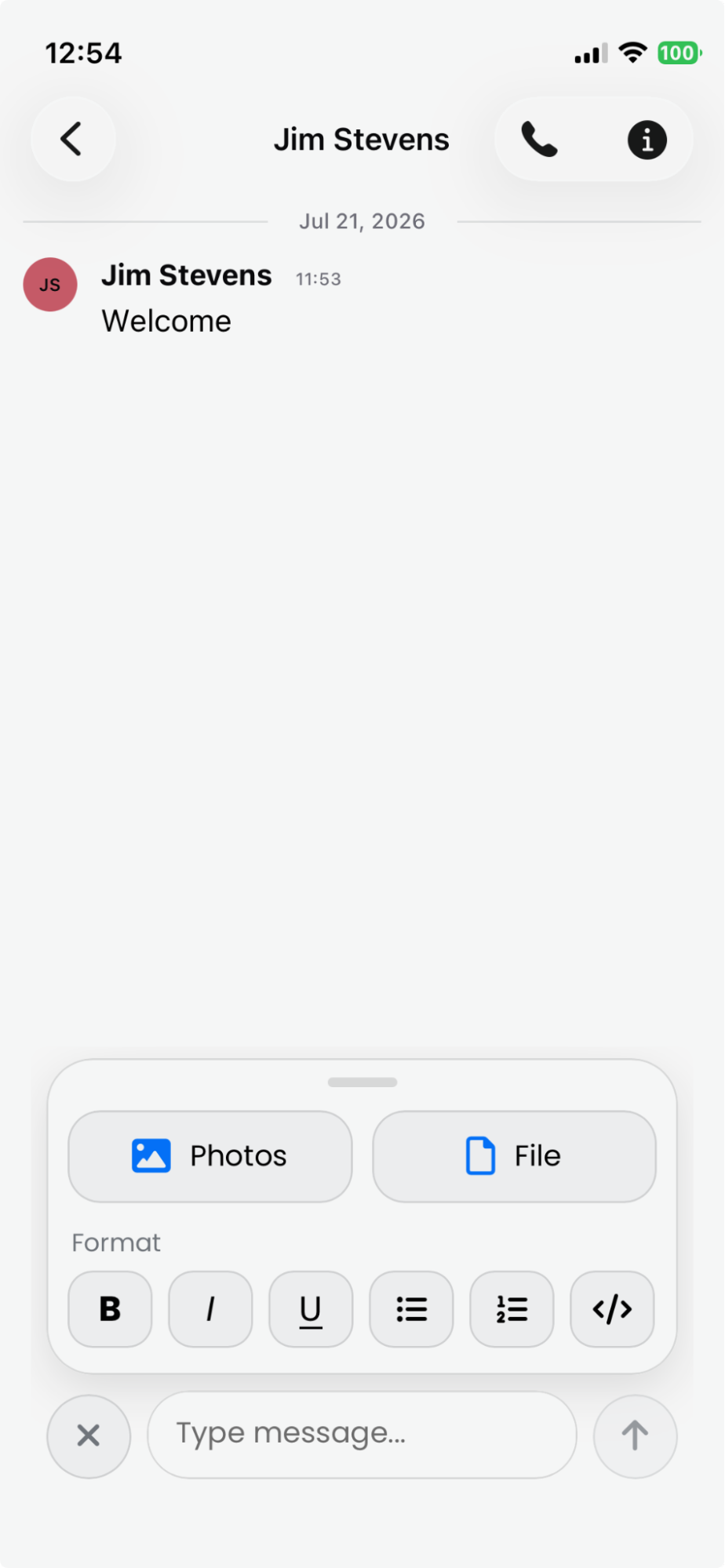 Mobile — attach a Photo or File from the message composer