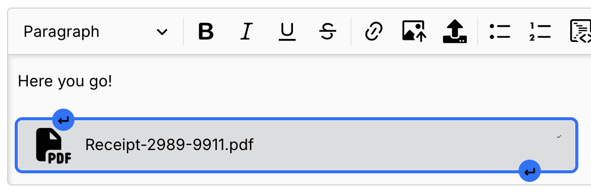 Web — an attached file in the message box, with icons to add a message or file before or after it