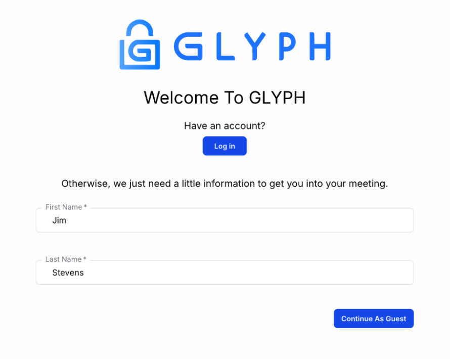 Guest sign-in screen — log in with a GLYPH account or enter your name to continue as a guest