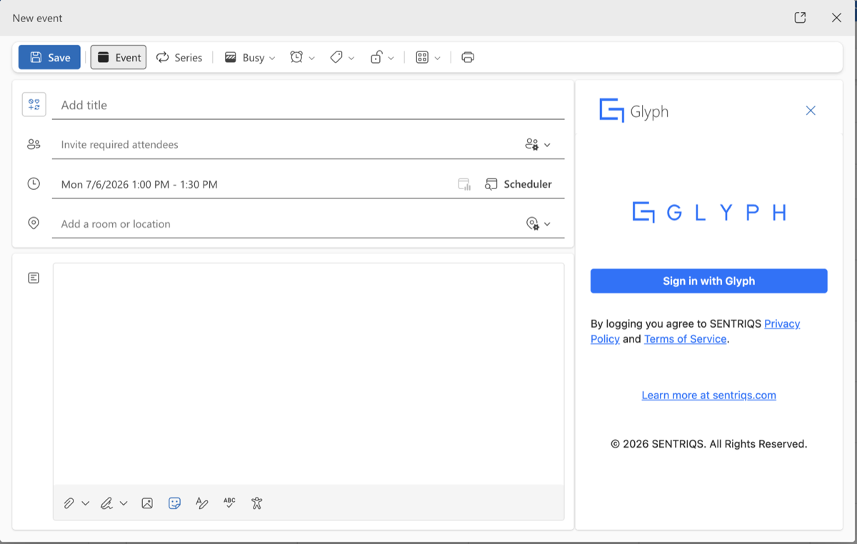 Sign in with GLYPH button in the Outlook add-in panel