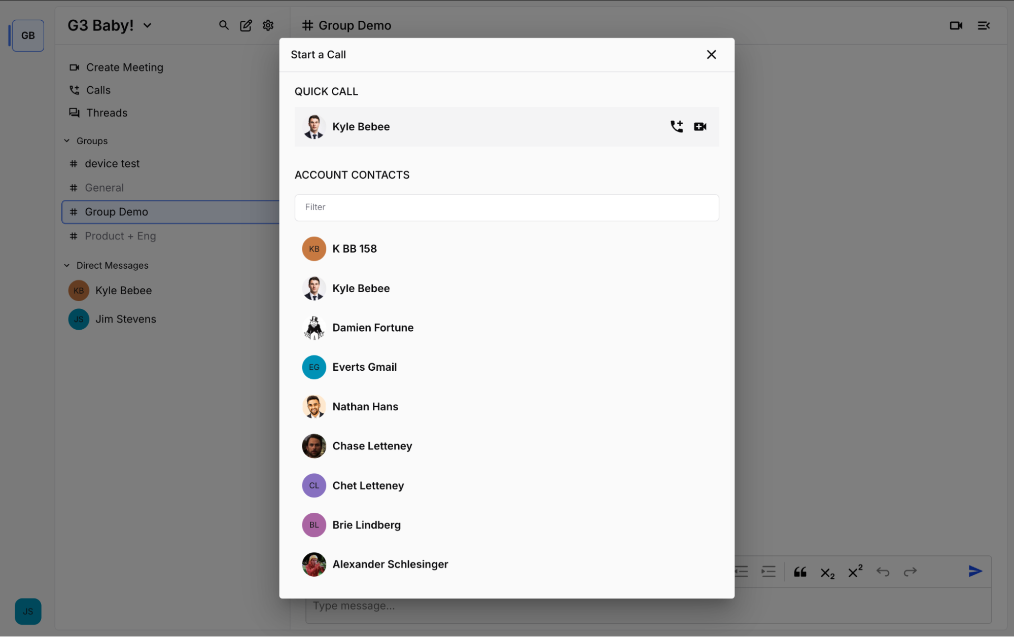 Web — the Start a Call dialog with quick call and account contacts