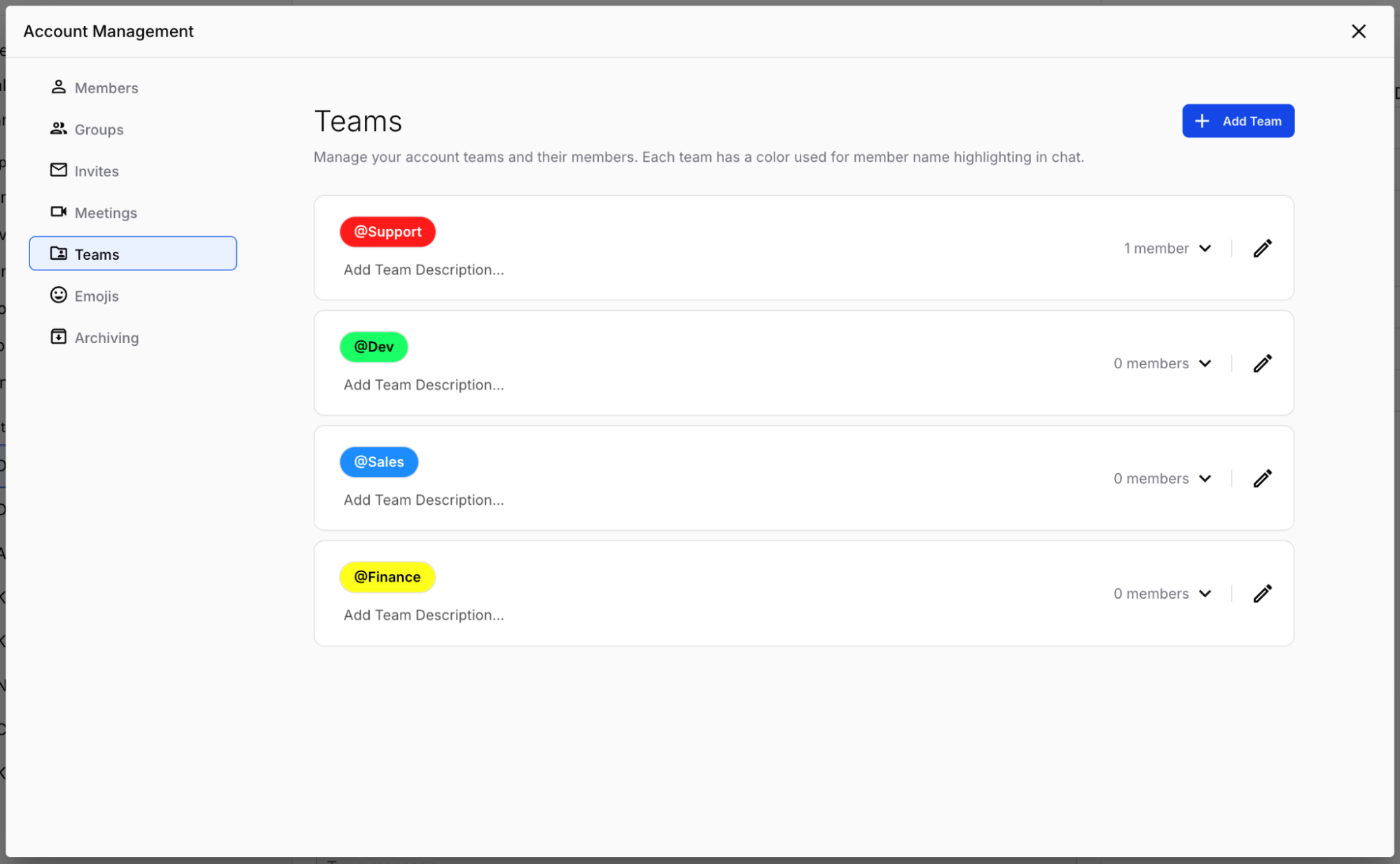 The Teams panel — each team has a name, color, and member count