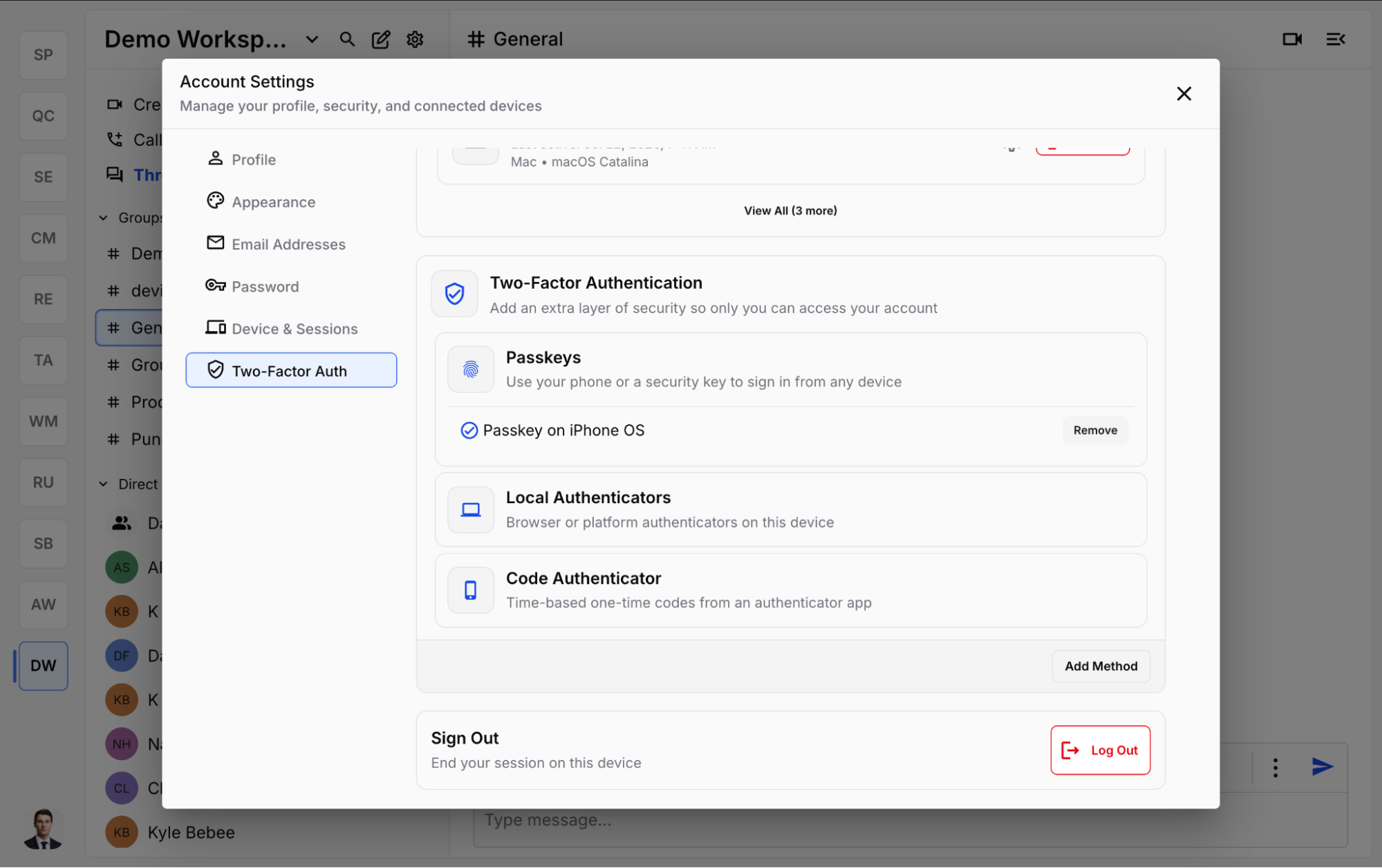 Web — Two-Factor Authentication in Account Settings, with an Add Method button
