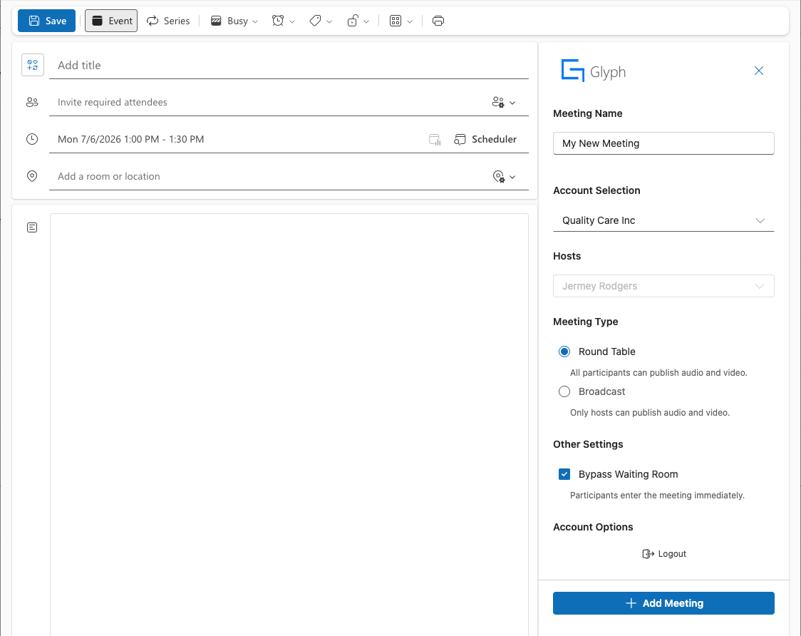 Using the GLYPH add-in to schedule a meeting in Outlook