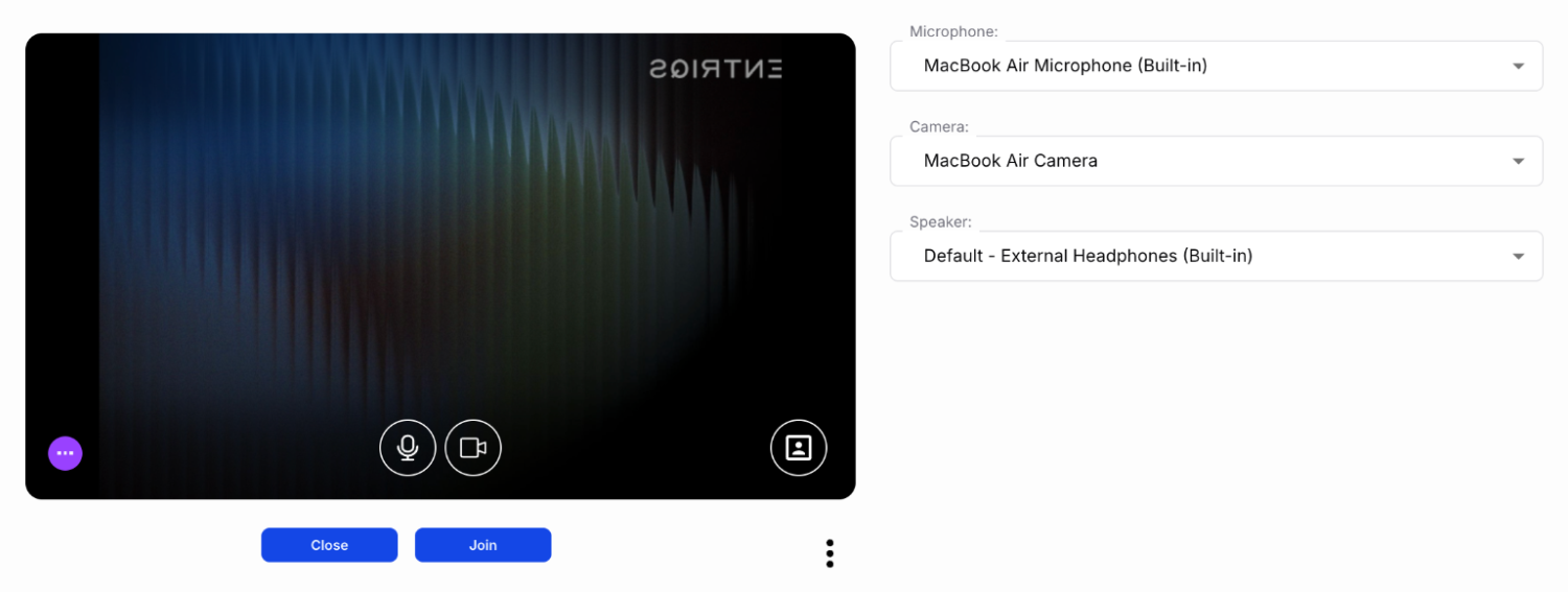 Waiting room preview with microphone, camera, and speaker dropdowns and the Join button