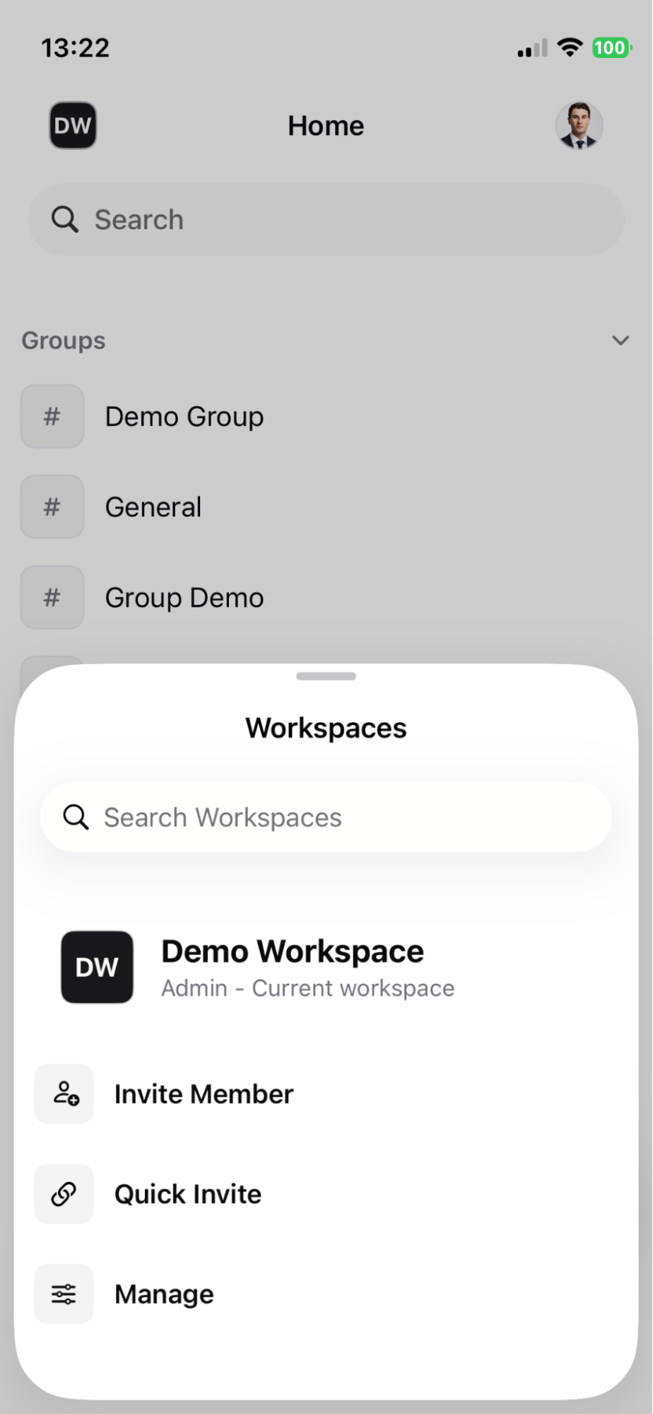 Mobile — the workspace sheet with Invite Member and Quick Invite